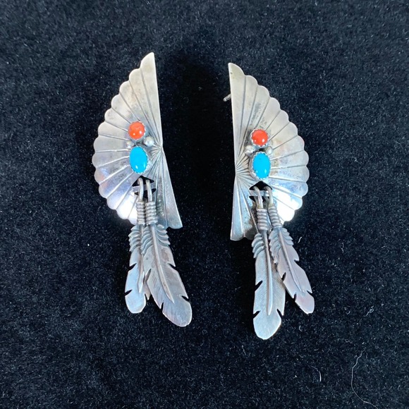 925 Sterling Silver Jewelry - Vintage Sterling Silver Turquoise Coral Fan Feather Dangle Post Earrings
